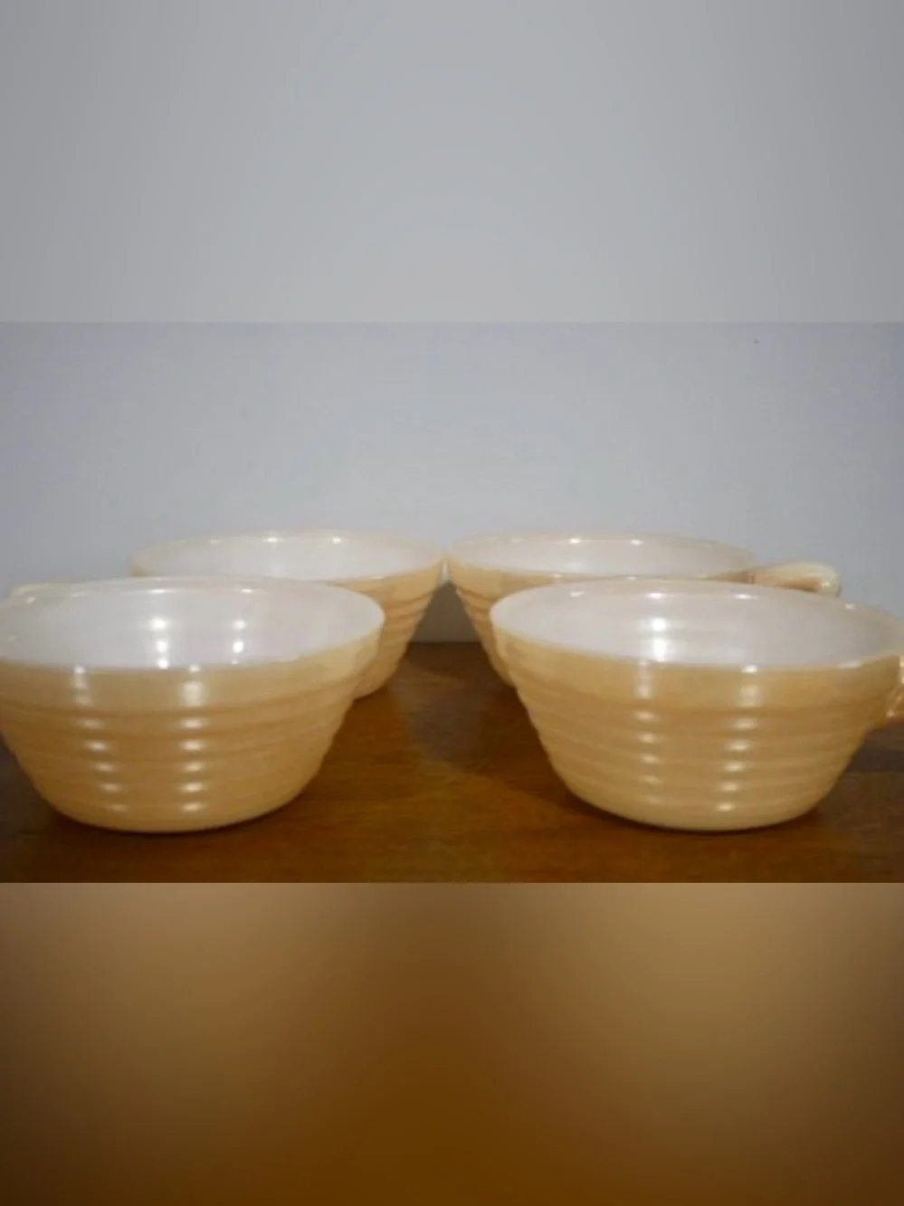 Gorgeous Peach Luster Fire King Beehive Ribbed Set of 4 Handled Soup Bowls